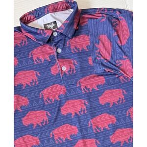 WAGGLE - Men's Golf Polo Shirt - Blue Pink Buffalo Bison Performance - Large